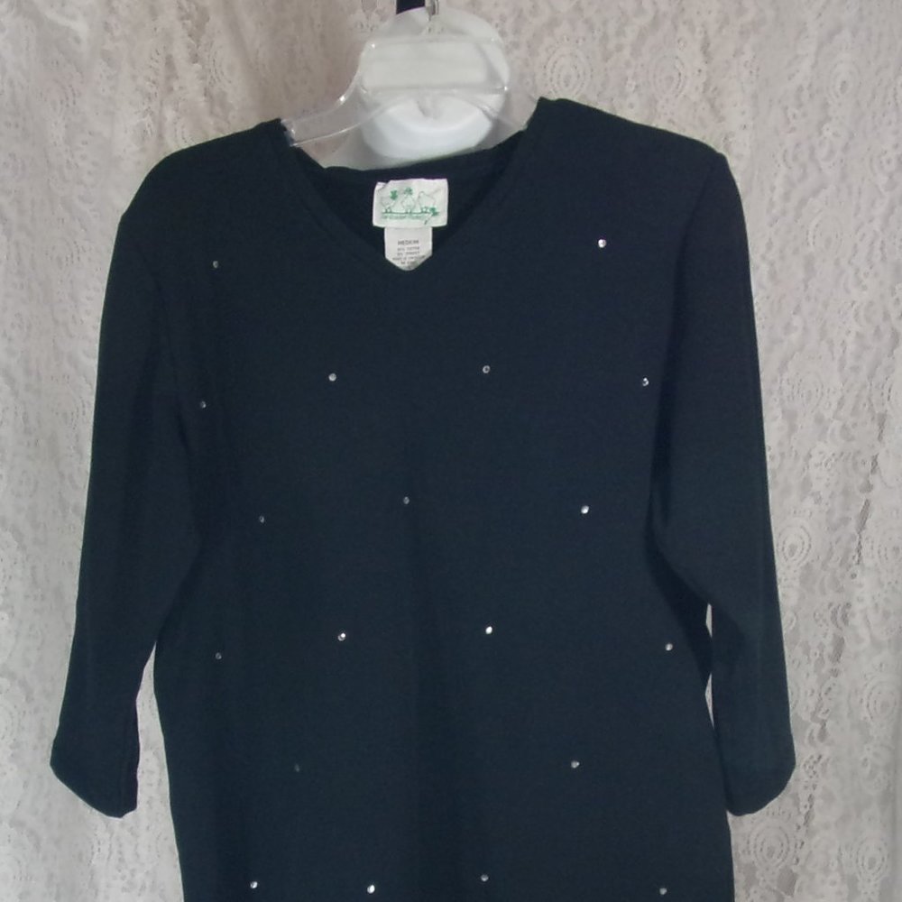 Quacker Factory Rich Black Top Blouse with Accent Stones